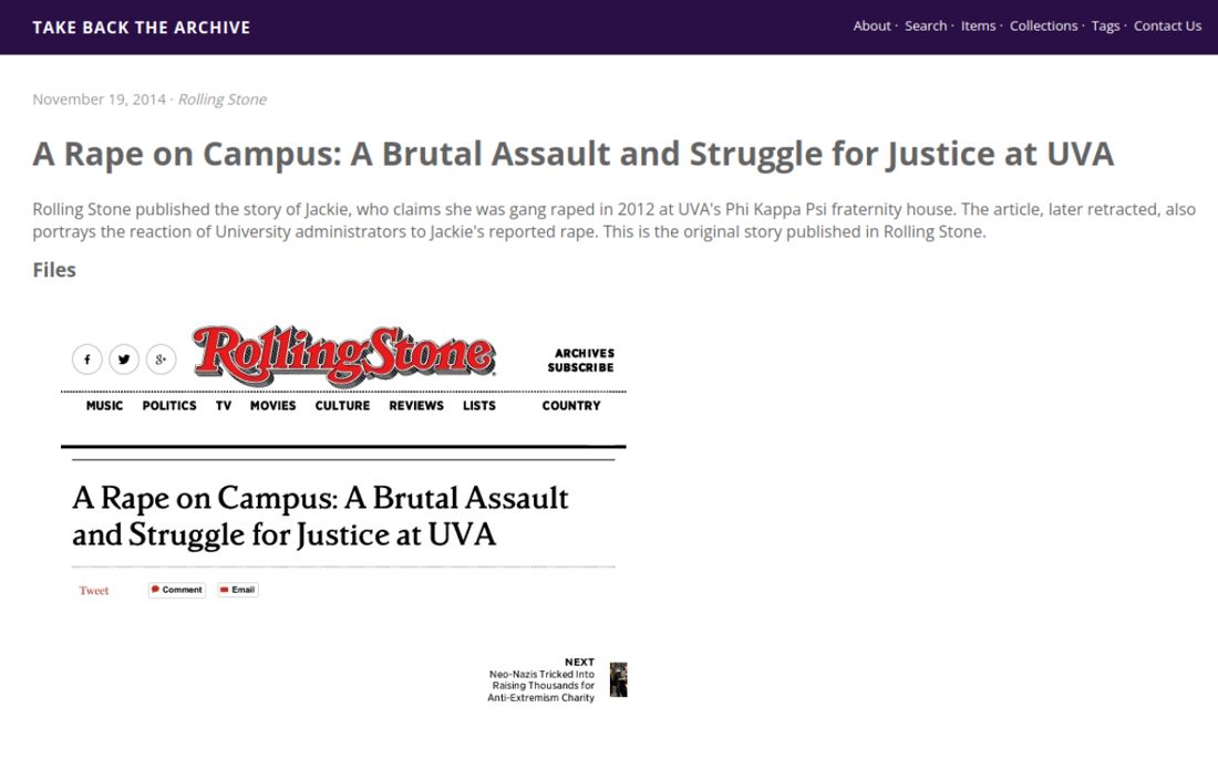 Screenshot of the page as published at takeback.lib.virginia.edu