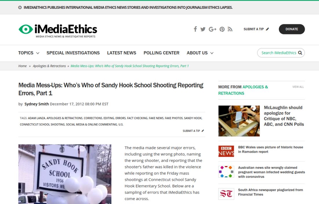Screenshot of the page as published at imediaethics.org